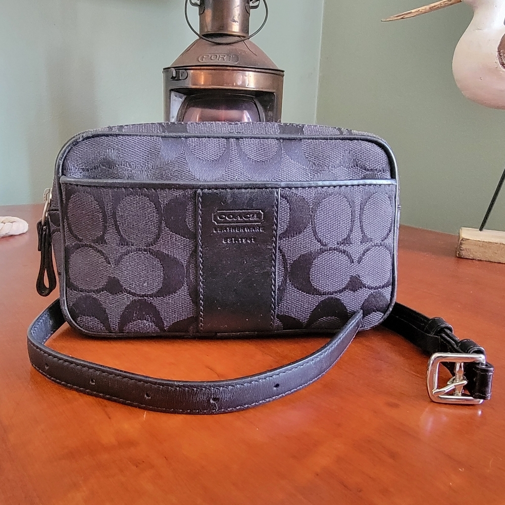 Coach Signature Jacquard Belt Bag Black Leather Waist Crossbody Bag Y2K